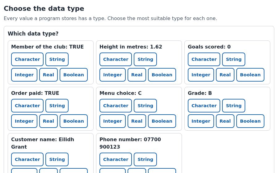 The Choose the data type simulation