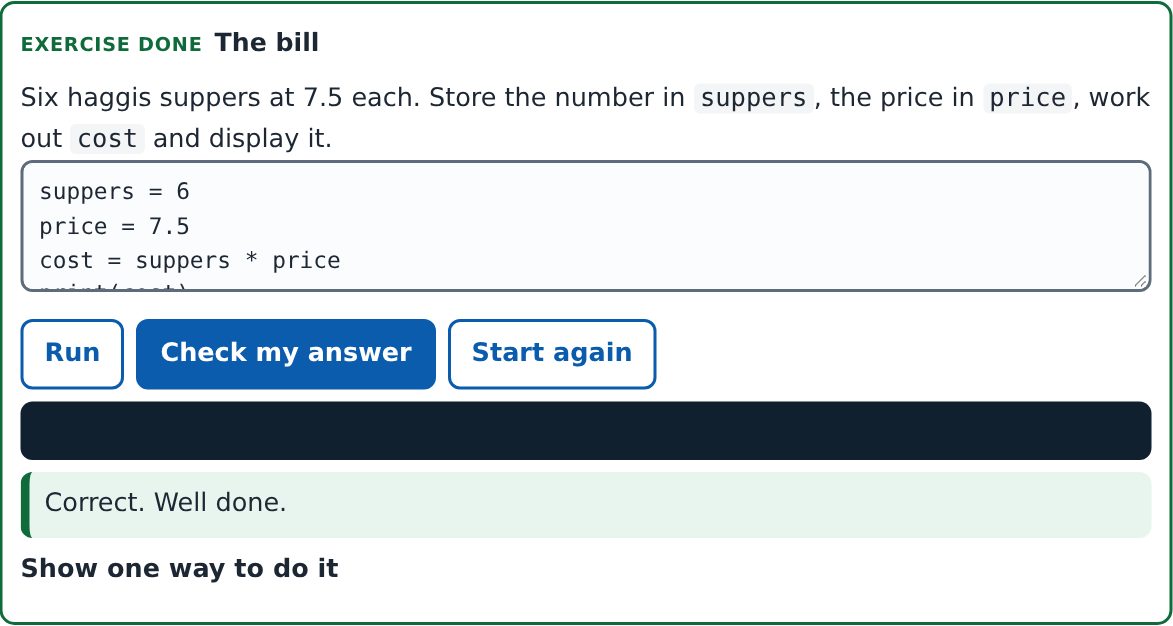 A Python exercise with the pupil's code and the message Correct. Well done.