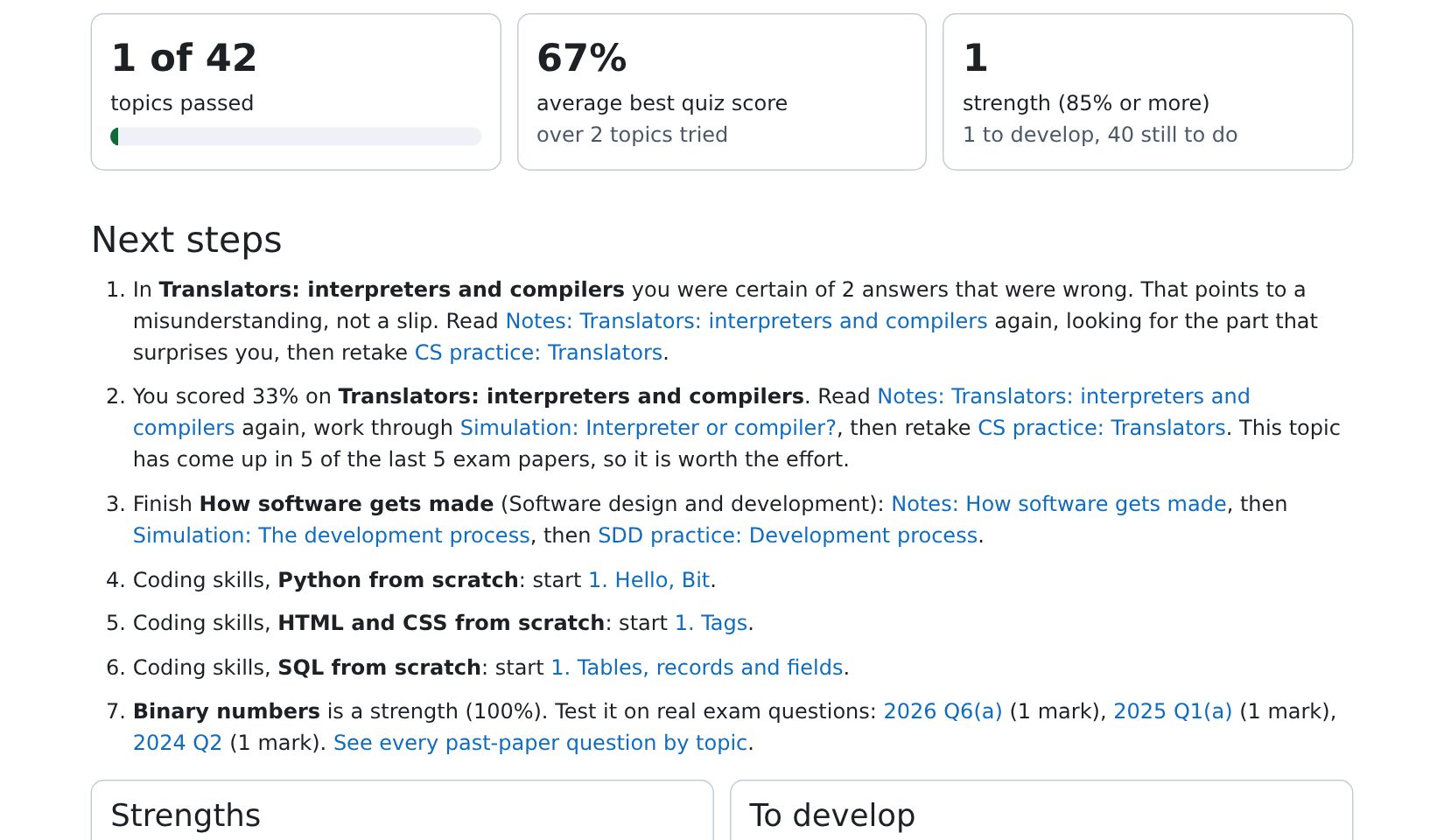 The progress dashboard with summary cards and a list of next steps