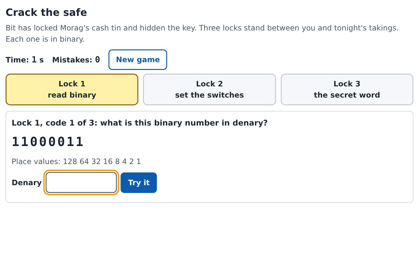 The Crack the safe revision game, with a binary number to convert